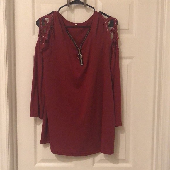 Wine Crisscross-Sleeve Zip-Front V-Neck Tunic XL - Picture 4 of 10